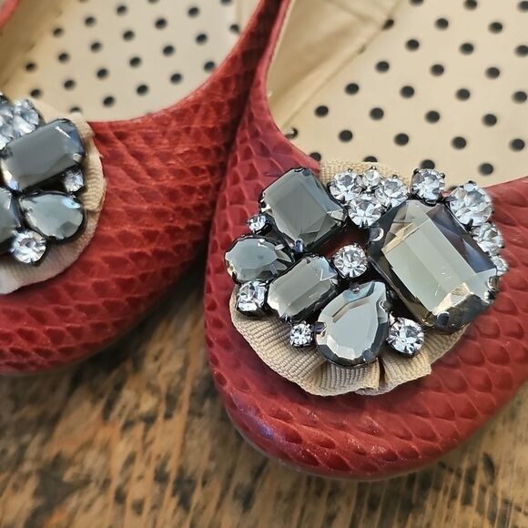 CRISTÓFOLI Red Snakeskin-Embossed Leather Ballet Flat Size 9 Rhinestone Toe - Picture 6 of 9